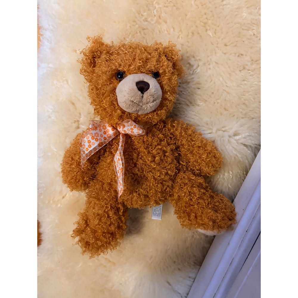 Aurora World Curly Sherpa Teddy Bear Ginger Brown Plush Floral Ribbon Bow 12"